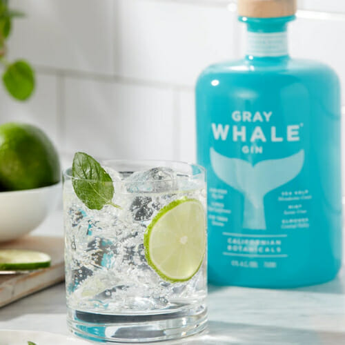 Gray whale gin in glass with lime