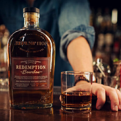 Redemption bourbon on bar counter